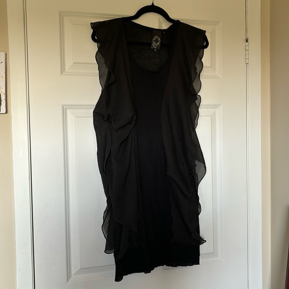Black sleeveless top. Knit with chiffon ruffles. - Picture 1 of 4